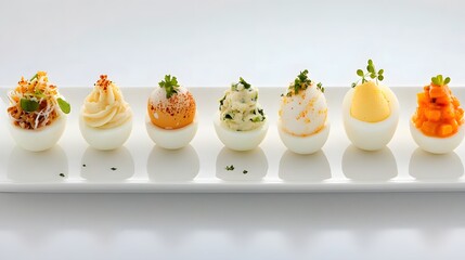 A visually captivating gourmet egg tasting platter that showcases a variety of egg styles from poached and scrambled to fried and deviled