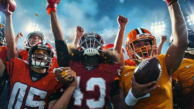 Touchdown Triumph: A team of enthusiastic athletes celebrates a hard-won victory on the football field, the air thick with excitement and confetti, the players in action pose
