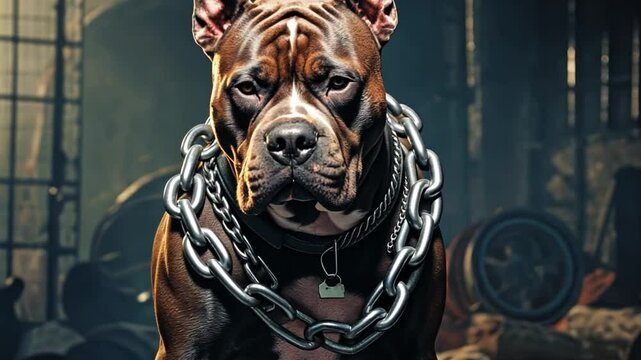 American Pit Bully dog with fierce and muscular muscles in a room with chains. The background of the photograph is a oppressive and confined environment. There is some smoke in the background.