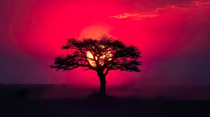 Obraz premium Capture the breathtaking beauty of an African sunset with a lone acacia tree silhouetted.
