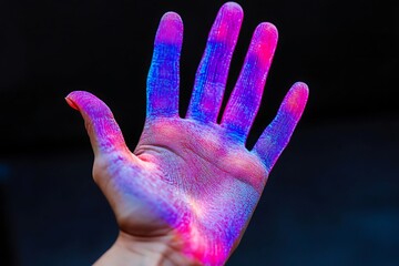 Obraz premium Colorful hand with paint, dark backdrop, art