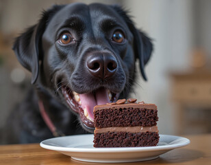 Happy black Labrador dog with a chocolate cake slice on a white plate