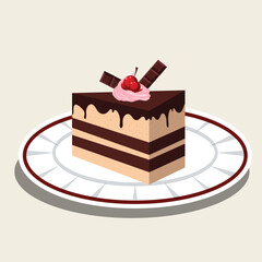 This mouthwatering digital illustration features a rich and creamy slice of chocolate cake elegantly plated on a decorative dish. 