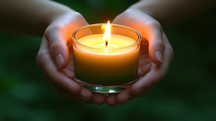 Woman's Hands Holding Lit Candle Outdoors.