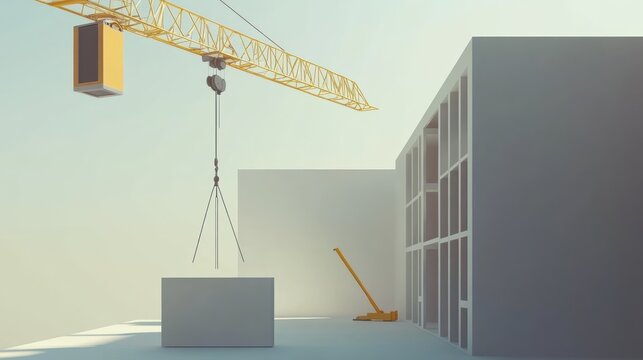 Construction crane lifting materials at building site, 3D model, architectural rendering, concept,  building, progress