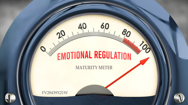 Emotional Regulation and Maturity Meter that is hitting a full scale, showing a very high level of emotional regulation, overload of it, too much of it. Maximum value. ,3d illustration