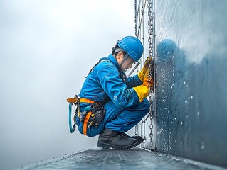 Worker Securing Chains for Misty Building Exterior.