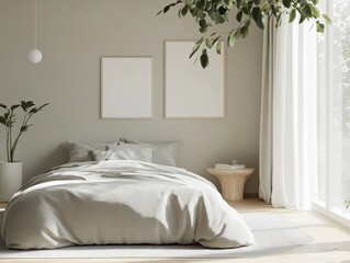 Minimalist Beige Bedroom Interior Design with Grey Bedding and Natural Light
