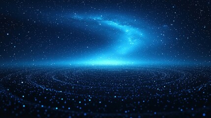 Naklejka premium Vast Cosmic Landscape with Starry Night Sky and Ethereal Blue Light Swirling in Space