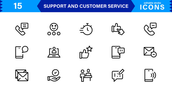 Support and Customer Service Tools Icon Set. Effective Icons for Service Support, Helpdesk Management, Client Queries, and Assistance