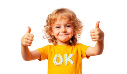 Child giving thumbs up while wearing a shirt with OK print isolated on transparent background