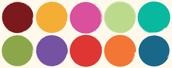 Set of grunge circles colorful shape, Vector brush circle. Grunge round shape. Round brush painted circle brush stamps. Vector illustration,