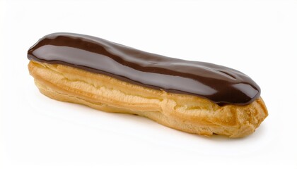 A single, delicious chocolate &eacute;clair sits on a white background. The glossy chocolate topping contrasts beautifully with the golden pastry.