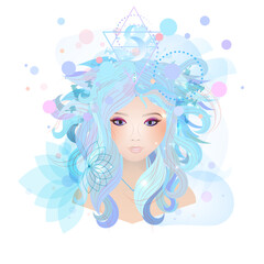 Vector illustration of a young beautiful girl with blue abstract hair. Bright make-up and magical image.