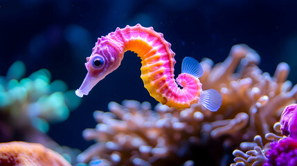 Pink Seahorse and Newborns in Vibrant Coral Reef
