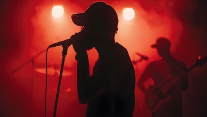 Silhouette of Singer Performing on Stage with Red Lights and Microphone