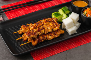 Grilled chicken satay skewers with peanut sauce, rice cakes, and vegetables