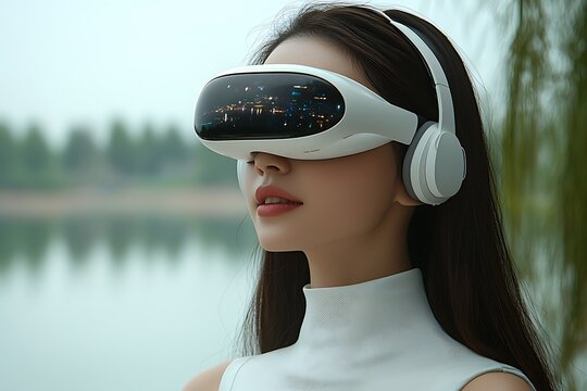 Woman Experiencing VR Outdoors.