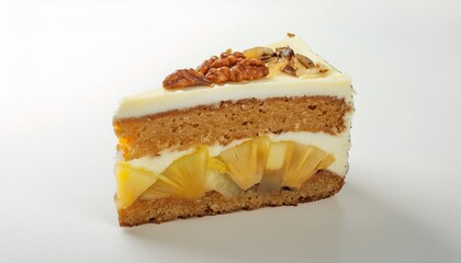 A delectable slice of layered cake, featuring pineapple filling, a creamy frosting, and a sprinkle of nuts on top.  Sweet treat perfection!