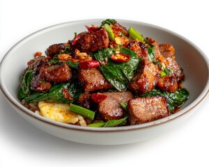 Experience the exquisite flavors of Thailand with this gourmet Thai basil stir-fry Tender pieces of crispy pork are wok-tossed to perfection alongside aromatic garlic and fiery red chilies, creating