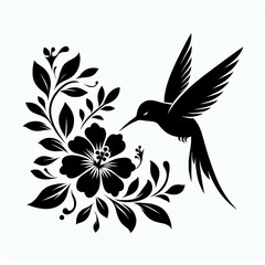 Hummingbird and Hibiscus Black Ink Silhouette