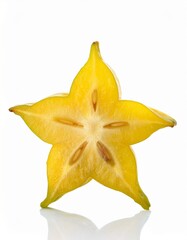 Fototapeta premium A vibrant star fruit slice, showcasing its juicy, yellow flesh and distinct star shape against a clean white background.