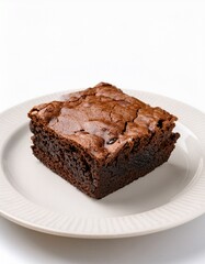 A decadent, fudgy brownie sits on a white plate, ready to be enjoyed. The rich, dark chocolate is irresistible.
