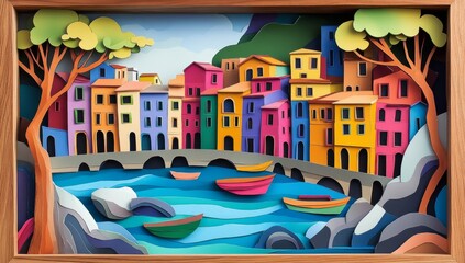 Fototapeta premium Colorful paper cut Italian village by the water