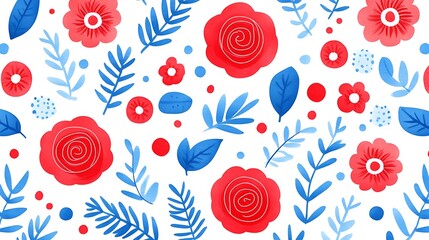 Floral pattern red roses, blue leaves, white background, design