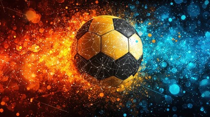 Fototapeta premium Dynamic Soccer Ball Surrounded by Colorful Abstract Background of Orange and Blue Lights