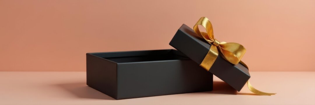 Black rectangle gift box mockup, gold wrapping, open & closed , box, dark