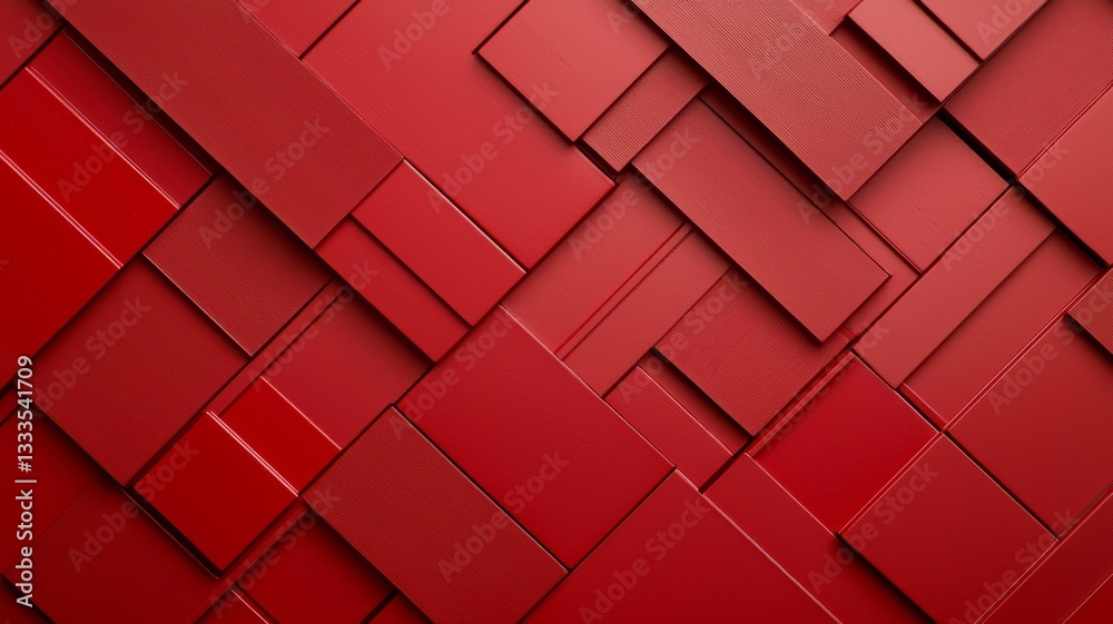 Wall mural dynamic red abstract design featuring layered diagonal shapes, angles, diamonds, rectangles, and squ