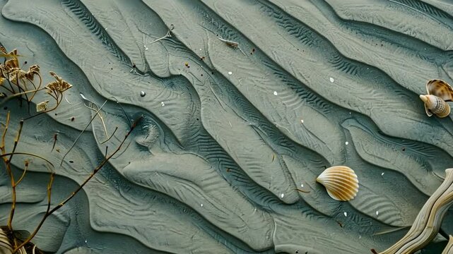 Wavy Sand Patterns and Seashells with Dried Plants Serene Coastal Scene of Tranquility and Natures Texture, Featuring Intricate Beach Elements and Connection to Coastal Atmosphere