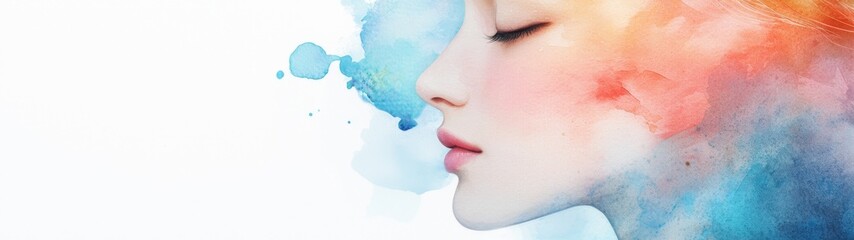 Fototapeta premium Abstract woman portrait, watercolor illustration, close-up view, vibrant colors blending seamlessly, emphasizing emotional depth and individuality, inviting personal interpretation and connection