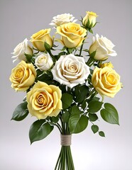 Sunshine Bouquet Yellow White Roses on a White Background.