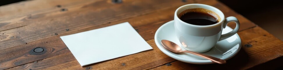 Blank business card, espresso, coffee cup, copper spoon, wooden table, vintage, coffee shop
