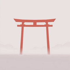 Japanese style red gate standing in misty landscape