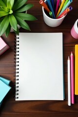 Blank notebook atop wooden desk, stationery supplies scattered , stationery, eraser