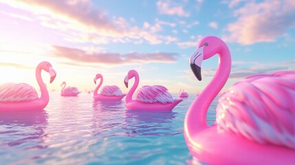Fototapeta premium Vibrant Pink Flamingos Swimming in Calm Waters at Sunset