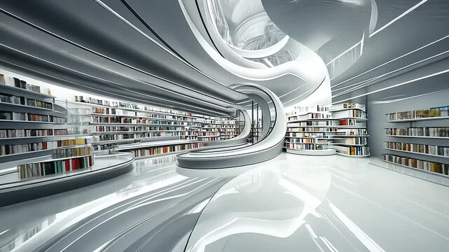 A futuristic library interior with sleek lines and reflective surfaces, designed for reading and study.