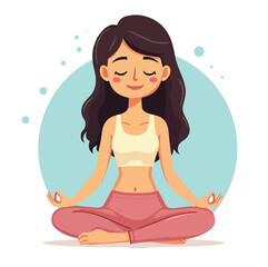 Young Woman Meditating in Yoga Pose – Peaceful and Relaxing Cartoon Illustration