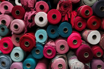 Fototapeta premium Textile rolls stacked in a fabric manufacturing plant fashion industry