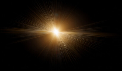 Gold lens flare, golden sunburst overlay on black background. High-quality stock image of Sun flare, effects sunlight, light leaks transition, explosion of yellow light, optical flare glow isolated