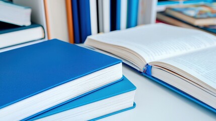 Colorful Books on Table with Open Pages and Blue Covers
