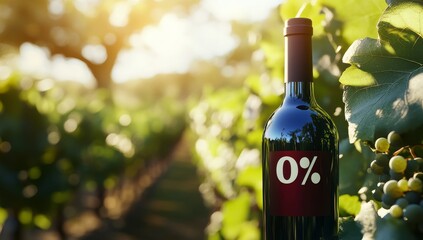 A bottle of nonalcoholic red wine in vineyard.