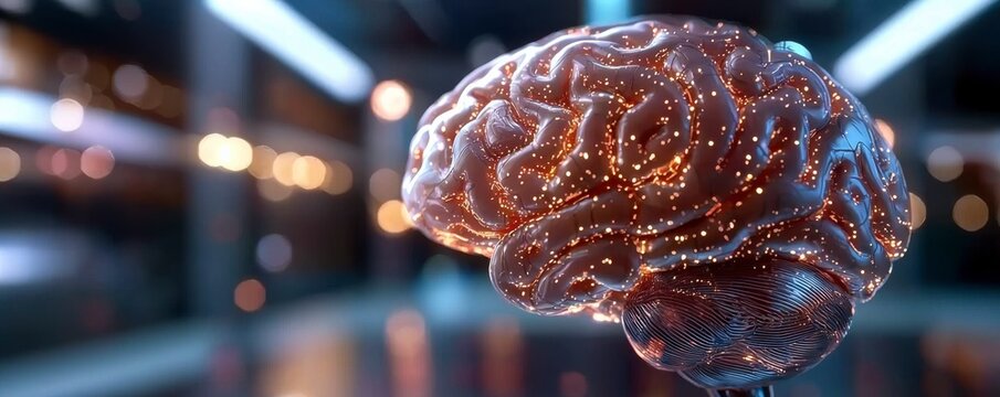 Explore the concept of a Holographic cybernetic brain with this stunning image, showcasing AI-driven futuristic intelligence in high-tech digital automation Witness the potential of advanced - Powered by Adobe