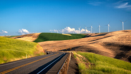 A winding road cuts through rolling green hills adorned with windmills, illustrating the harmony...