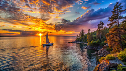 Beautiful evening sunset with clouds over the Lake Superior with a sail boat.