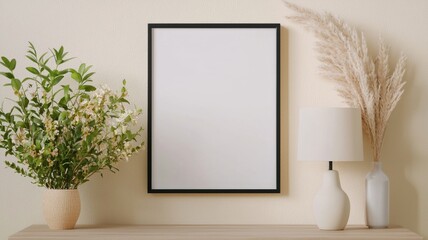 Black Poster Frame Display, modern bureau featuring a sleek table lamp, minimalist backdrop with ample negative space, clean and inviting interior design setting.