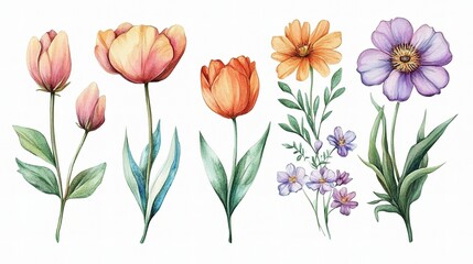 Fototapeta premium Vibrant Watercolor Illustration of Assorted Flower Types and Designs